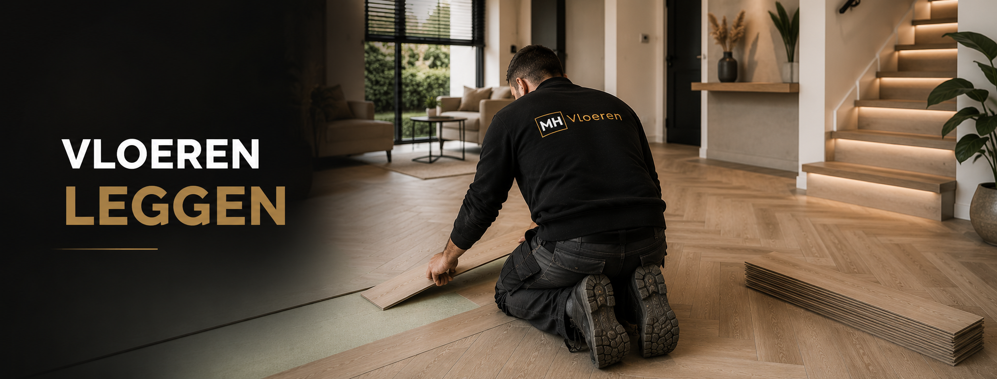 Vloerenlegger in zwart uniform met MH Vloeren logo plaatst visgraatparket in een modern interieur.